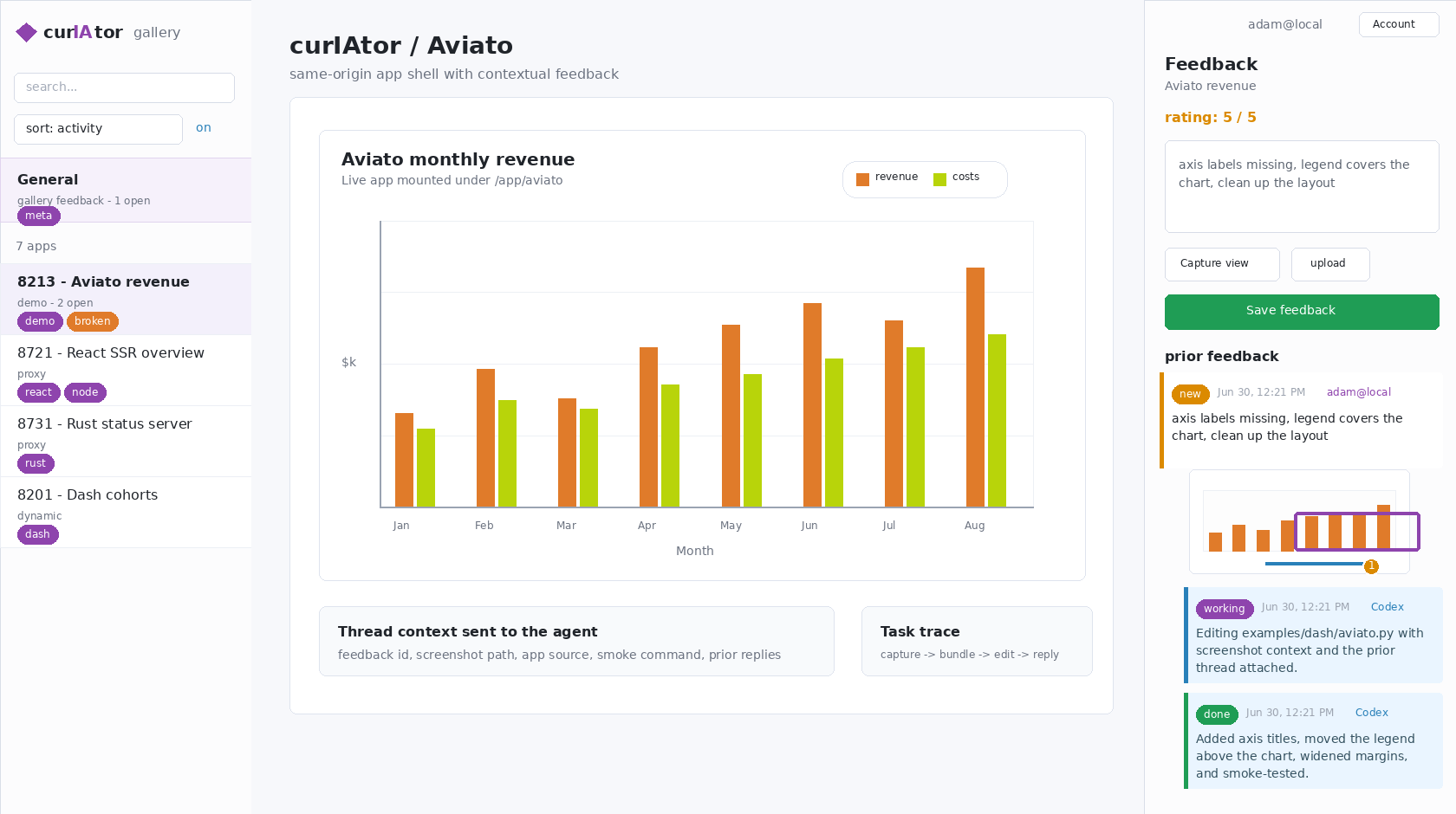 curIAtor shell with an app catalog, live chart, feedback composer, annotated screenshot, and agent replies